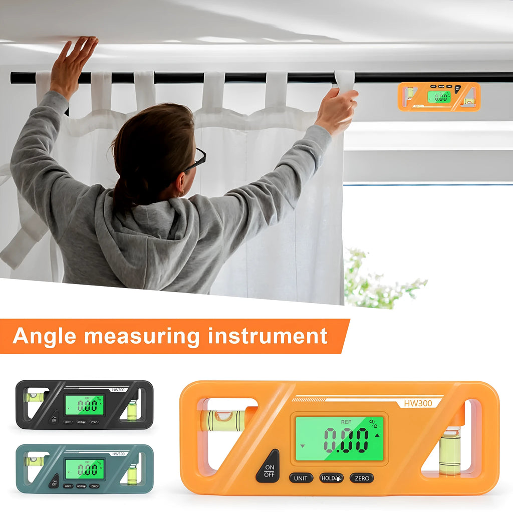 Black digital inclinometer level meter with magnetic base, showing angle reading on LCD display.
