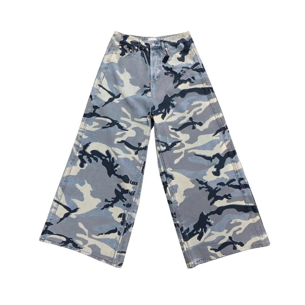 Snow camouflage blue loose fit jeans showing front and back views with mid waist design