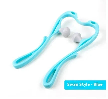 6-roller cervical neck massager in blue, ergonomic swan design, with 360° rotating massage balls and jade scraping board