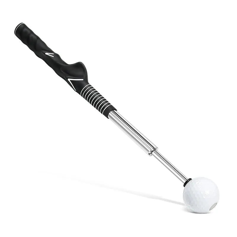 Telescopic stainless steel golf swing trainer shown in black, blue, and red colour options
