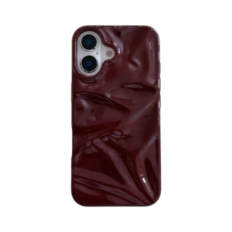 Niche irregular pleated three-dimensional TPU phone case in wine red for iPhone