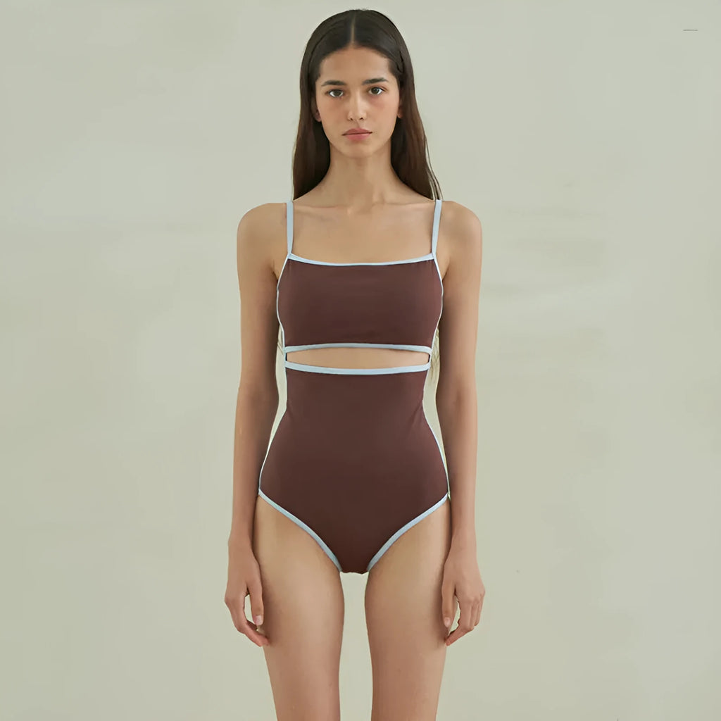 Brown triangle style one-piece swimsuit for women in nylon fabric