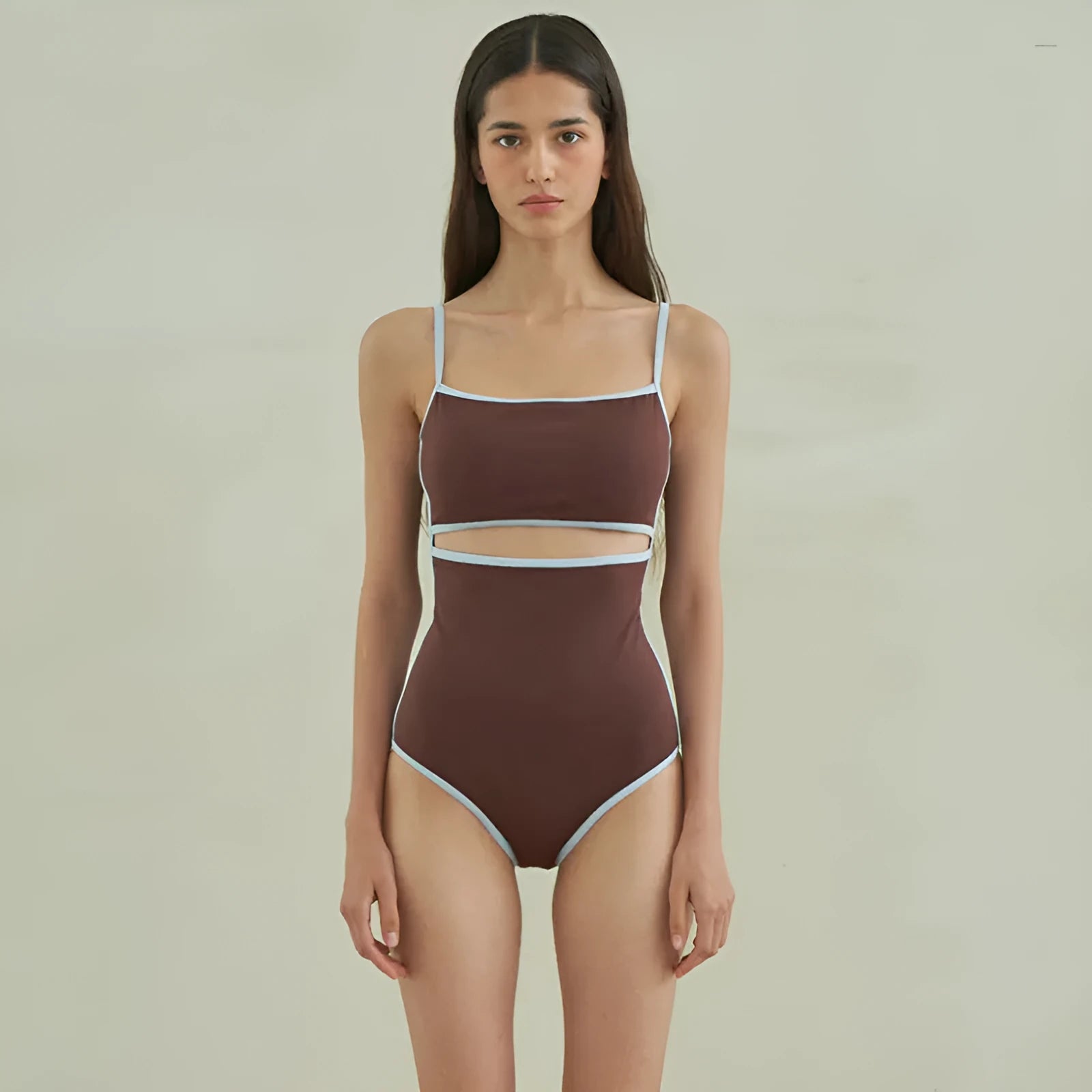 Brown triangle style one-piece swimsuit for women in nylon fabric