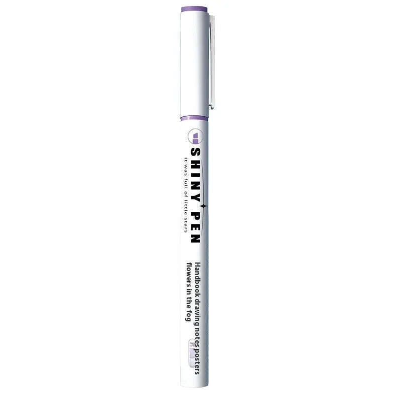 Four glitter fluorescent highlighter pens with slanted tips in pastel colours including taro puff and mung bean smoothie