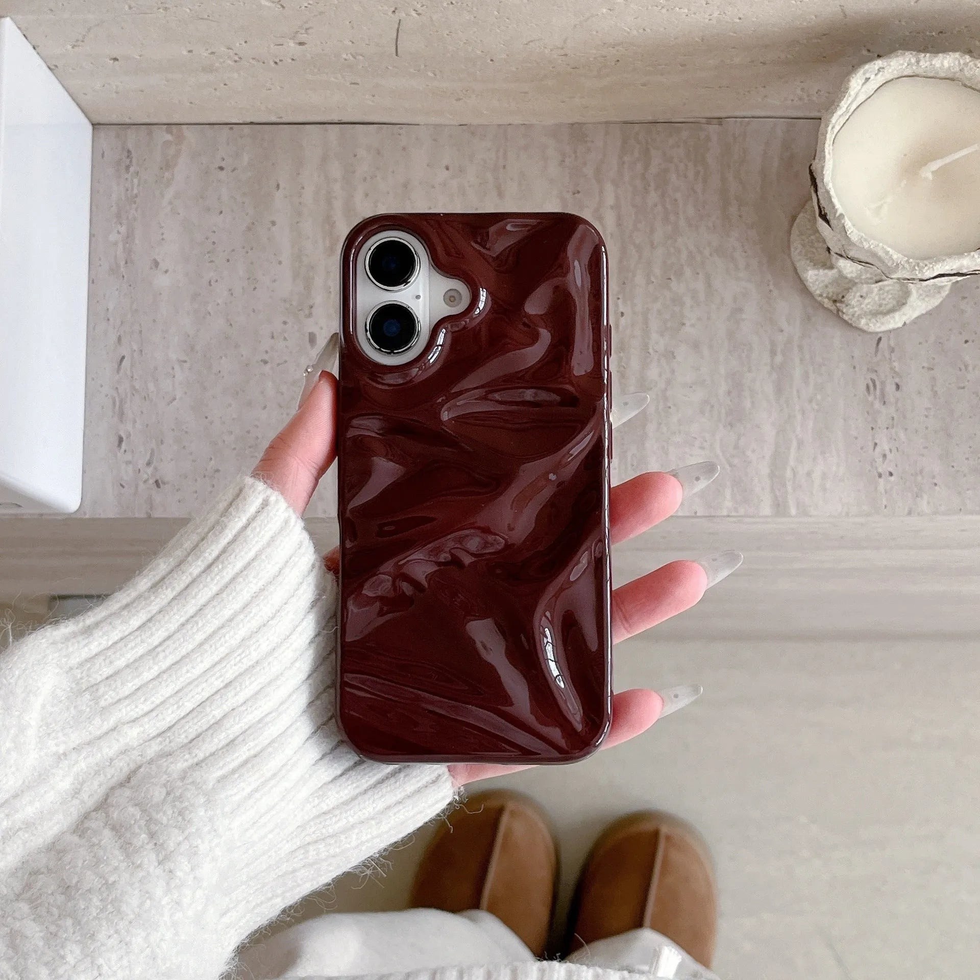 Niche irregular pleated three-dimensional TPU phone case in wine red for iPhone