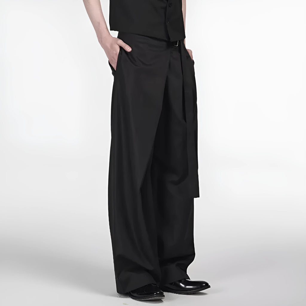 Black straight-leg trousers with a single pleat and adjustable waistband on a neutral background.
