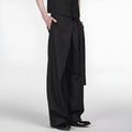 Black straight-leg trousers with a single pleat and adjustable waistband on a neutral background.