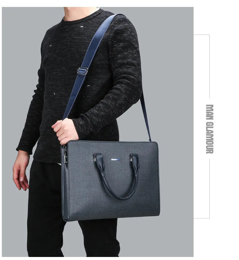 One-shoulder cross-slung male business briefcase in blue with stitching detail and soft handle