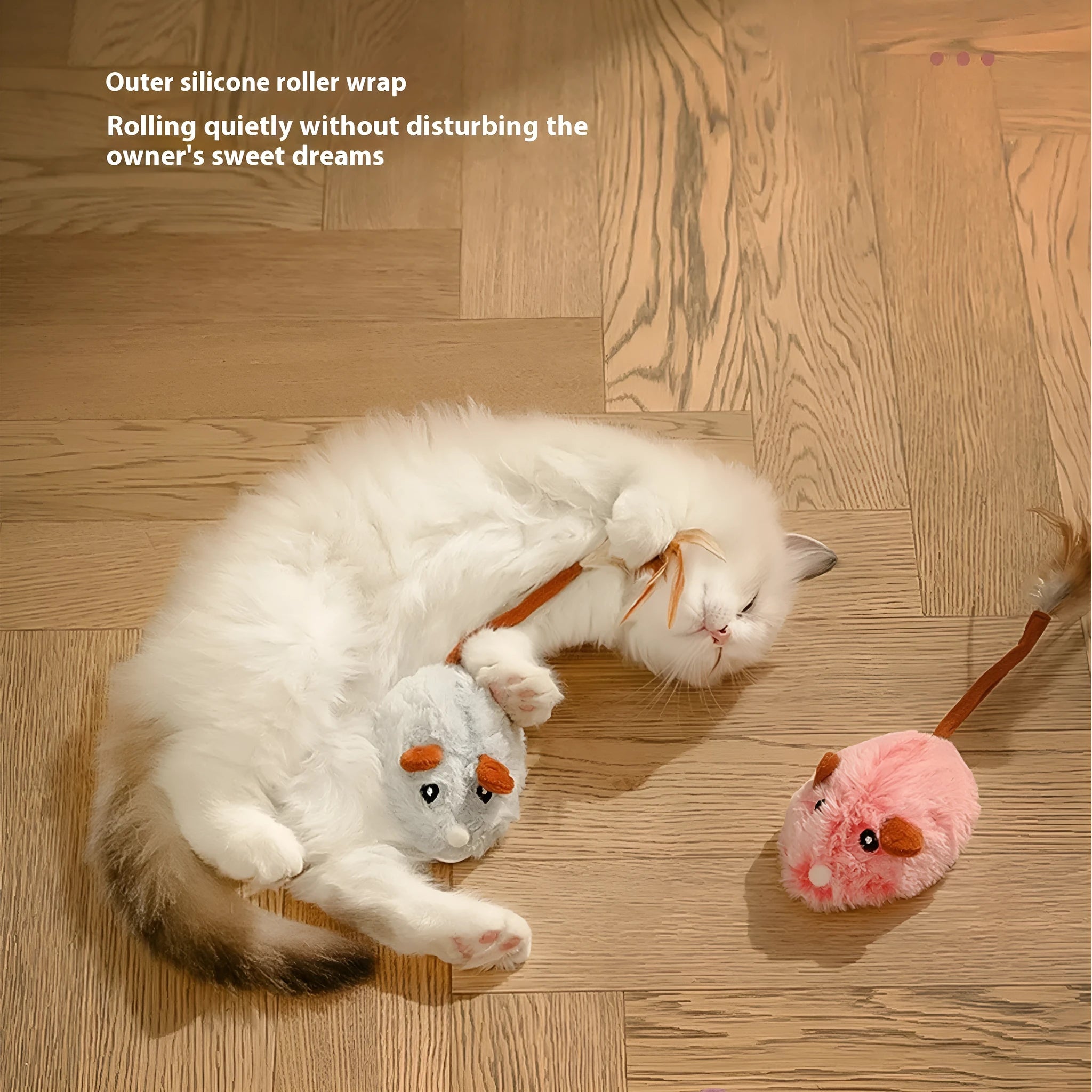 Electric cat toy with a plush mouse on a pole, shown in pink, grey, and purple colour options.