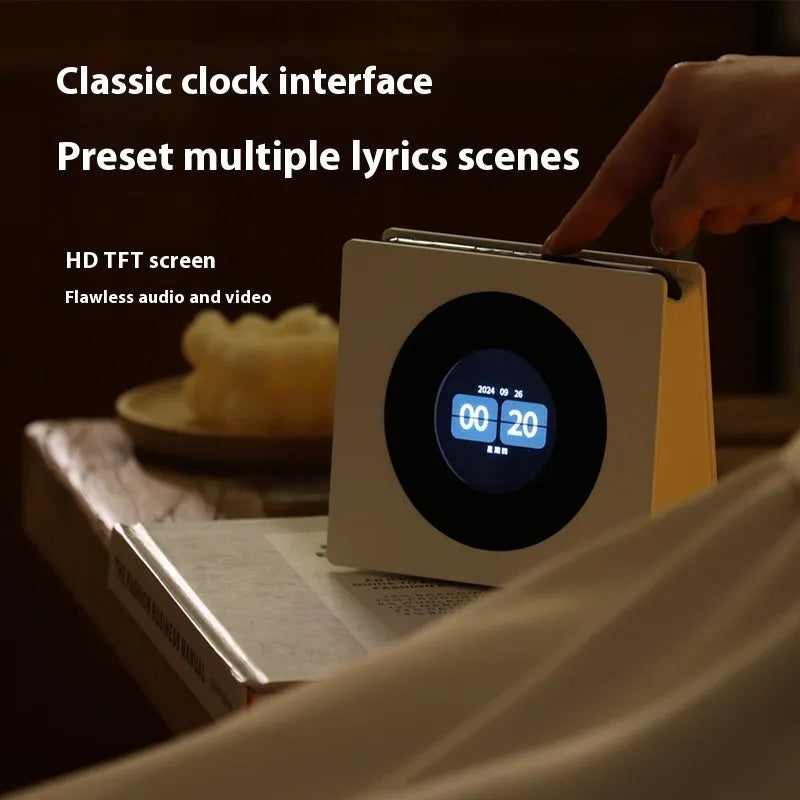 Floating Lyrics Dynamic Bluetooth Speaker Retro in Elegant White with lighting effects on desktop