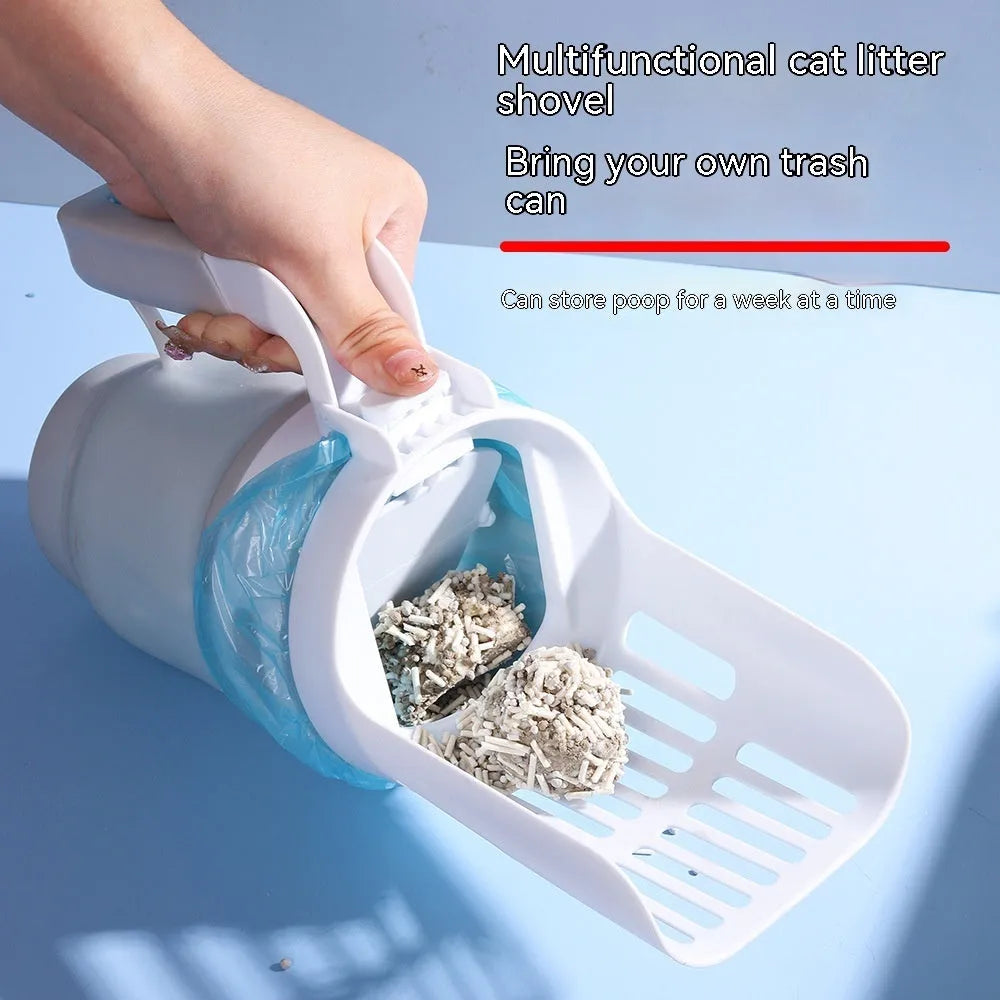 Grey self-cleaning cat litter scoop with integrated waste bin system and foldable bottom