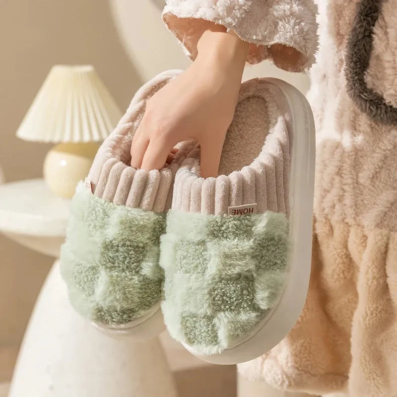 Women's plaid plush slippers with non-slip PVC sole in multiple colour options