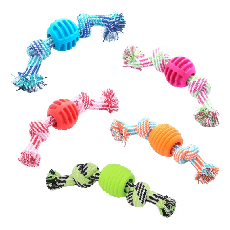 Cotton rope double knot ball dog toy in five colours for chewing and teeth cleaning