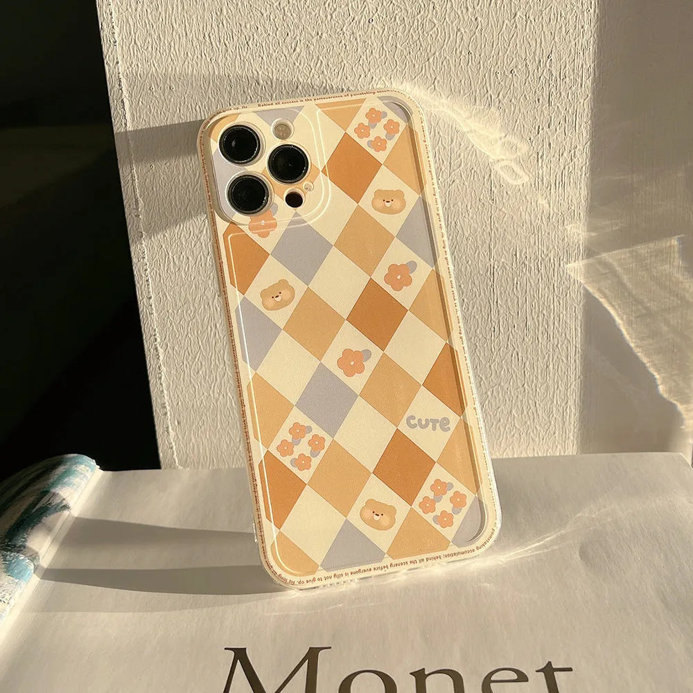 Soft TPU phone case with geometric rhombus grid checkerboard pattern for Apple iPhone protection