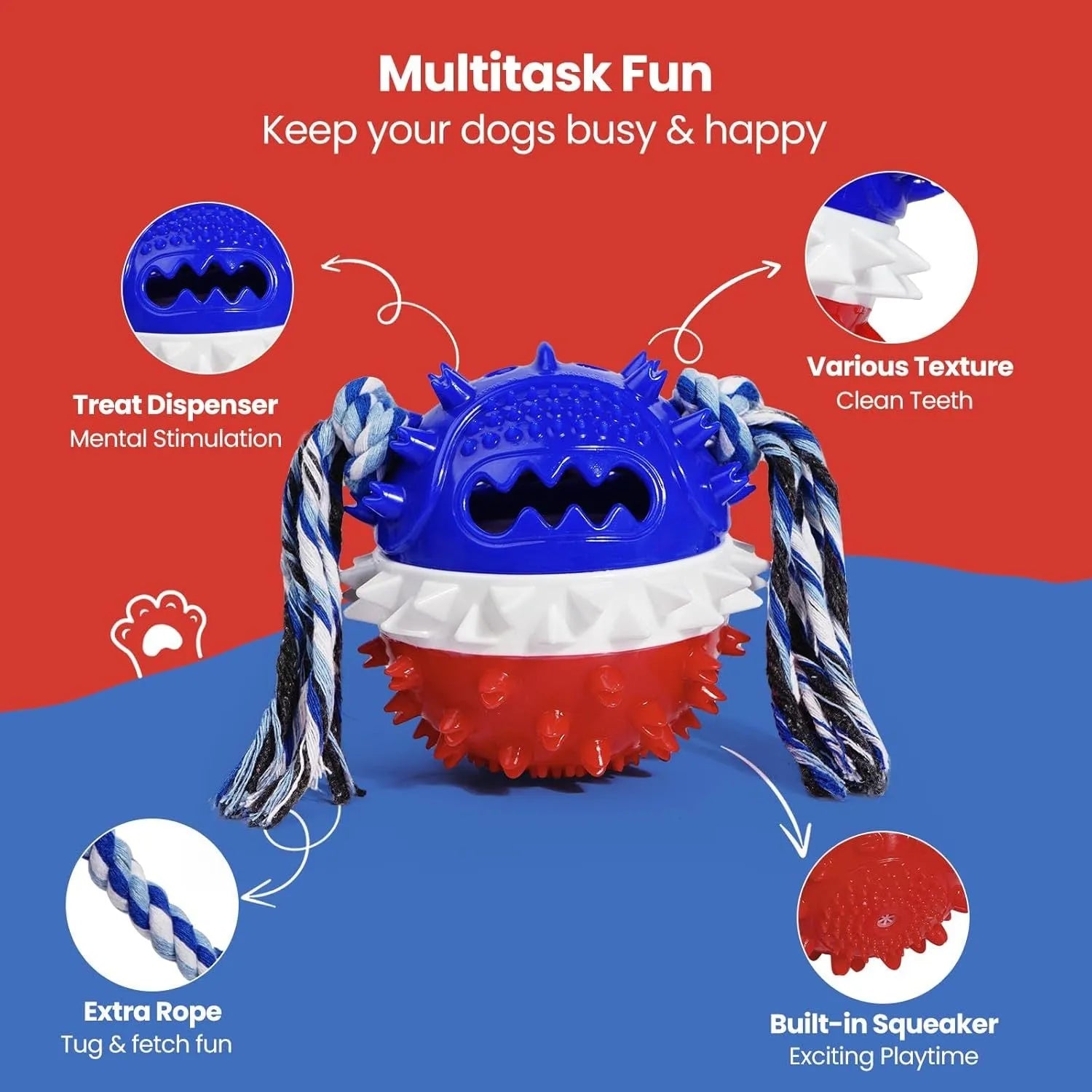 Large blue and red TPR rubber dog ball toy with a rope and treat dispenser hole.
