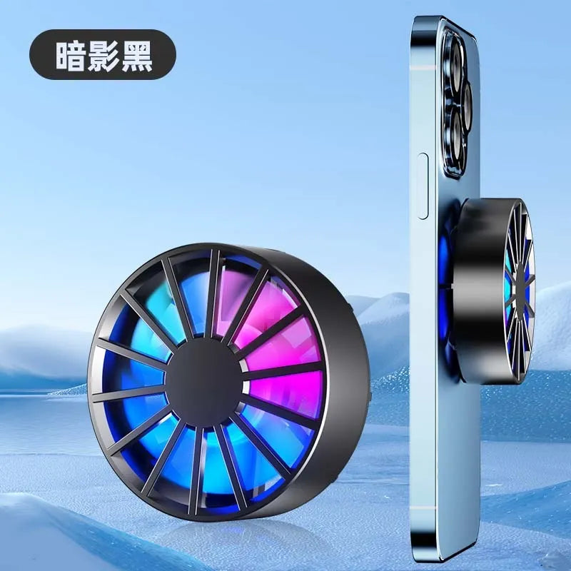 Magnetic suction wind cooling mobile phone radiator with PC aluminium alloy build, black colour, and USB cable