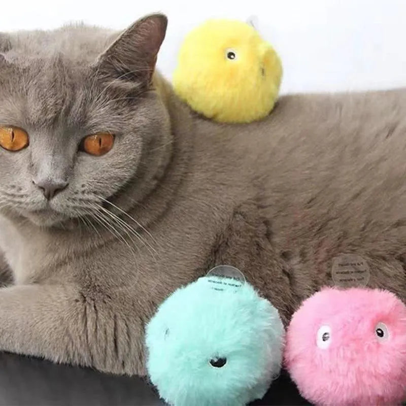 Blue, pink, and yellow electronic interactive toy ball for cats and dogs with animal sound activation.