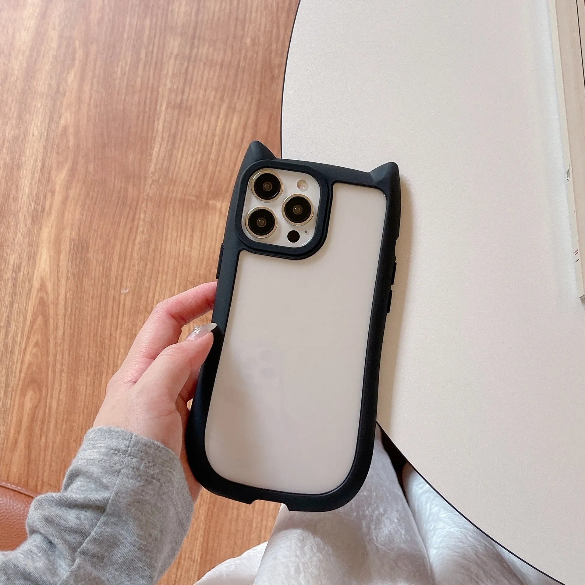 Acrylic high version cat ears phone case for iPhone 17 series in pink, with TPU bumper and clear back