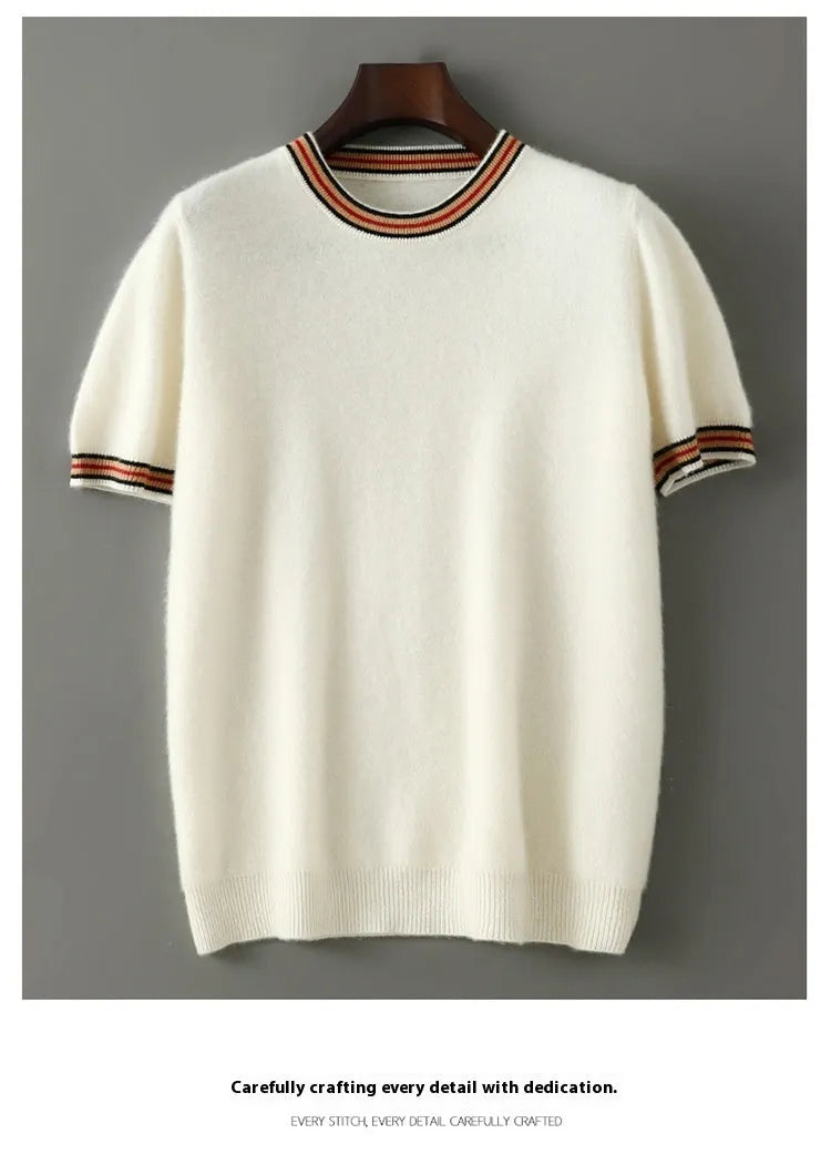 Men's grey pure wool short sleeve round neck pullover sweater laid flat.
