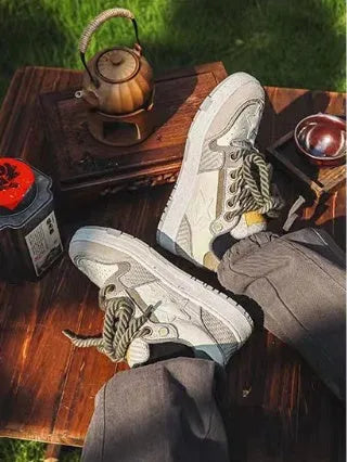 Green China-chic star casual shoes with multi-material stitching and rubber soles