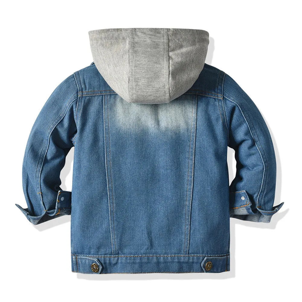 Children's fake two-piece denim jacket in grey with hood, loose fit, lapel collar