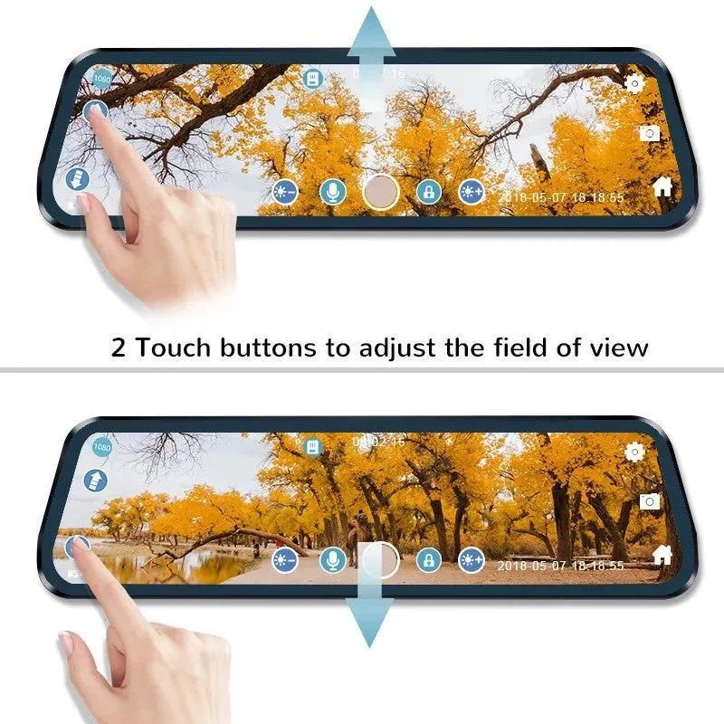 Car rearview mirror camera with 9.88 inch touch screen and motion detection placed over vehicle mirror