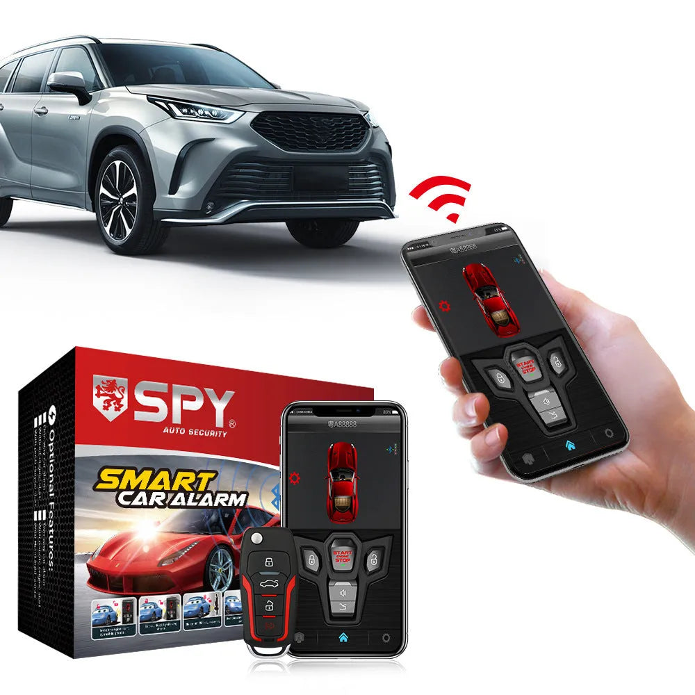 Red and black one-way remote control car alarm system with two remotes for vehicle security.