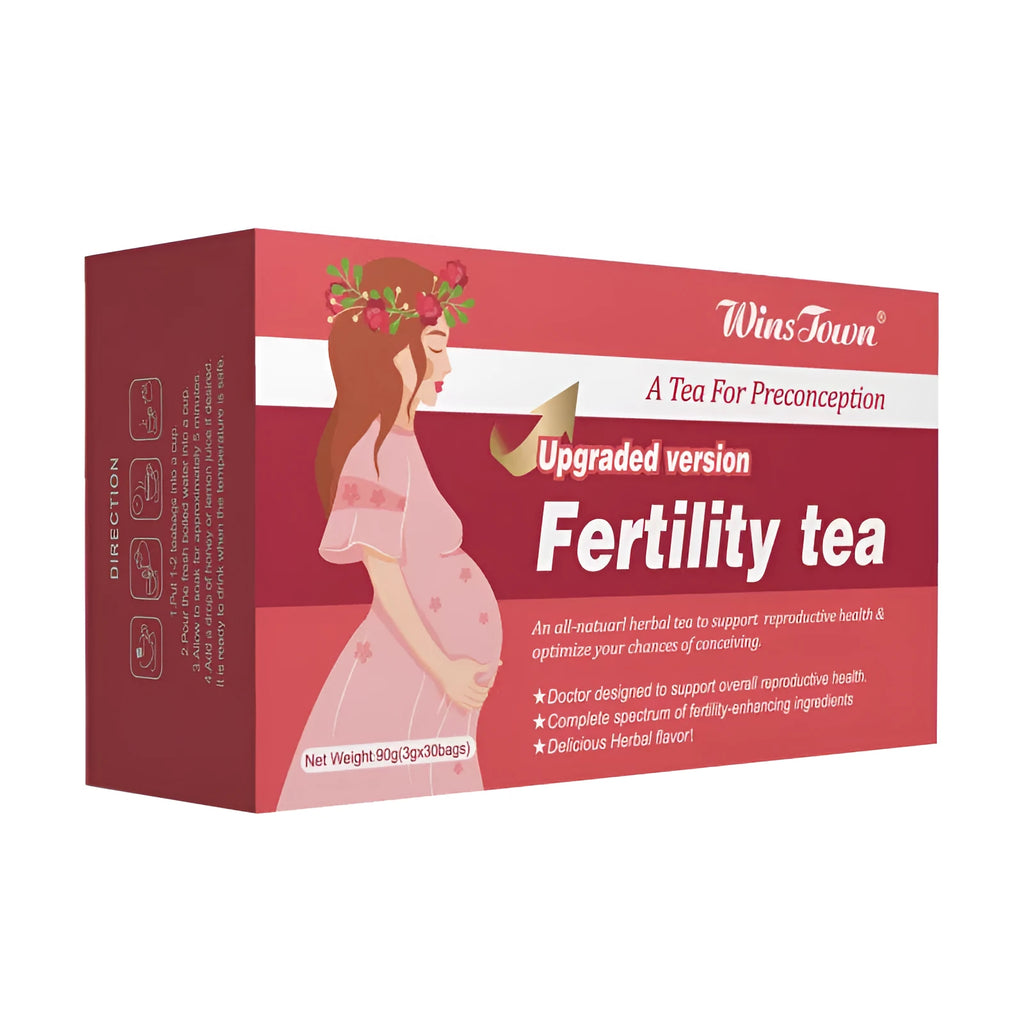 Box of fertility tea containing 3 packs of 30 herbal tea bags each for reproductive support