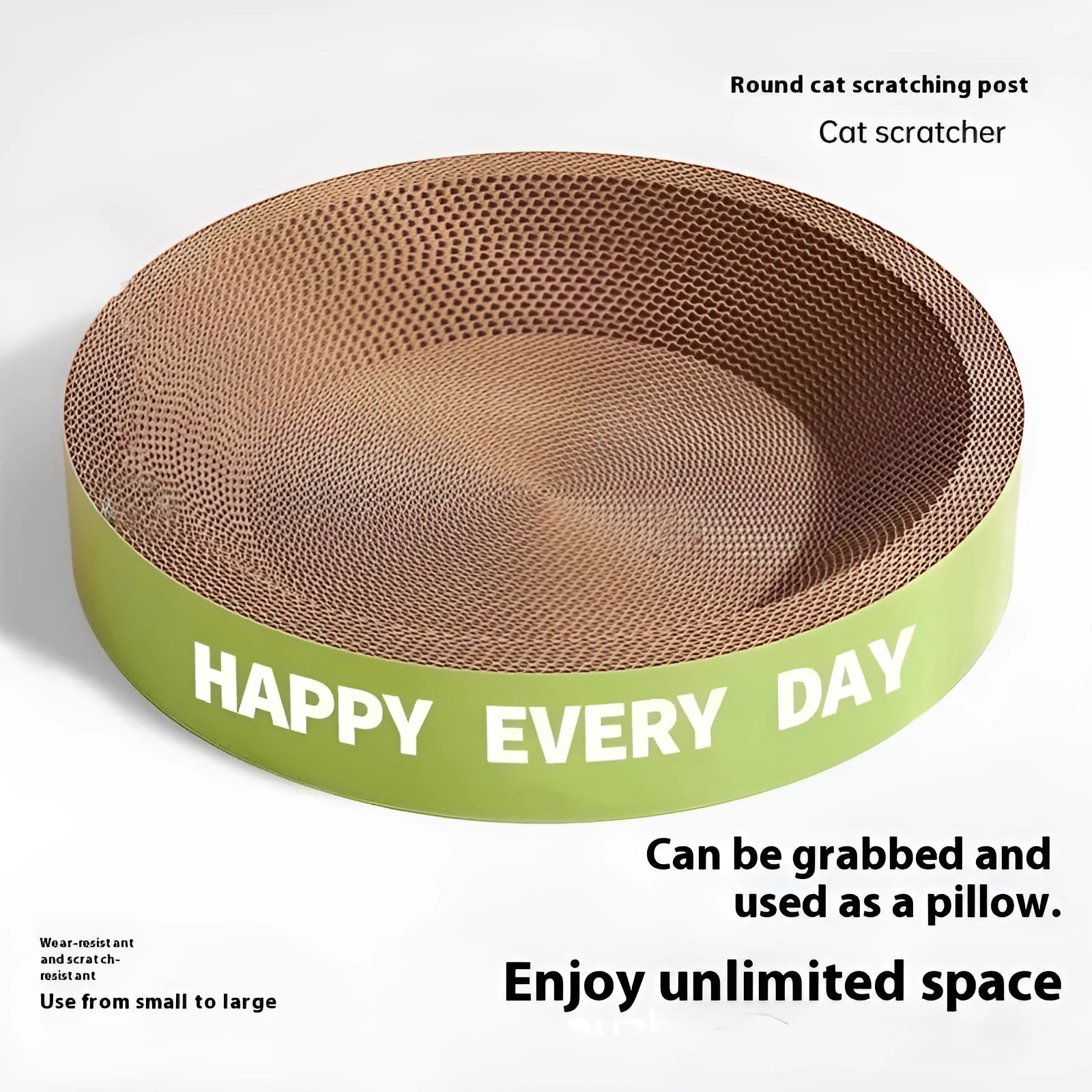 Green round cat nest bed with integrated sisal scratching surface, measuring 50cm wide.