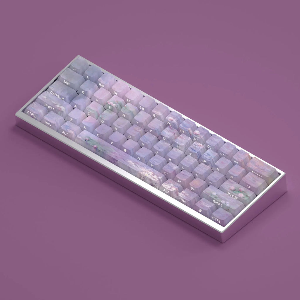 Wenshao Sleeping Lotus PBT keycap set with side-engraved translucent legends, showing 130 keys for mechanical keyboards.