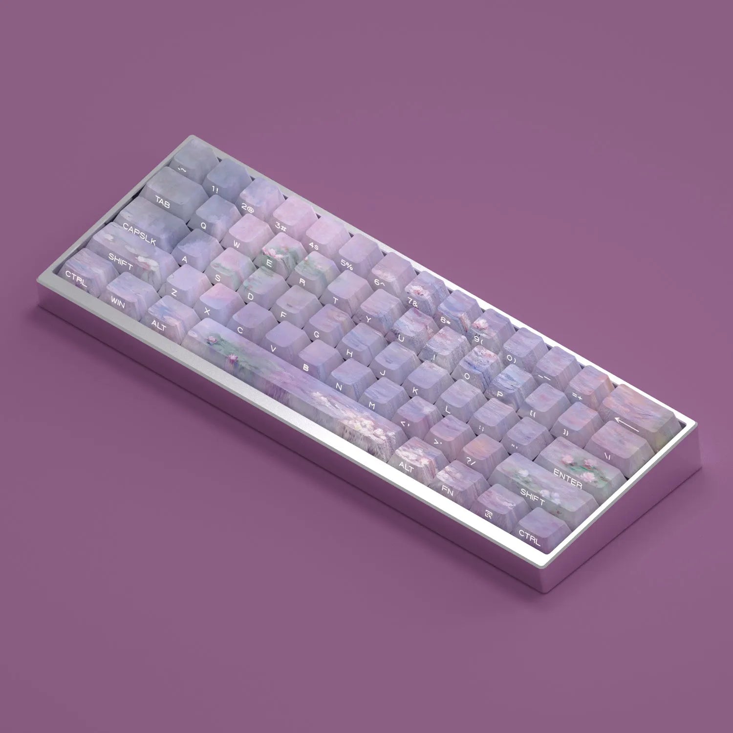 Wenshao Sleeping Lotus PBT keycap set with side-engraved translucent legends, showing 130 keys for mechanical keyboards.