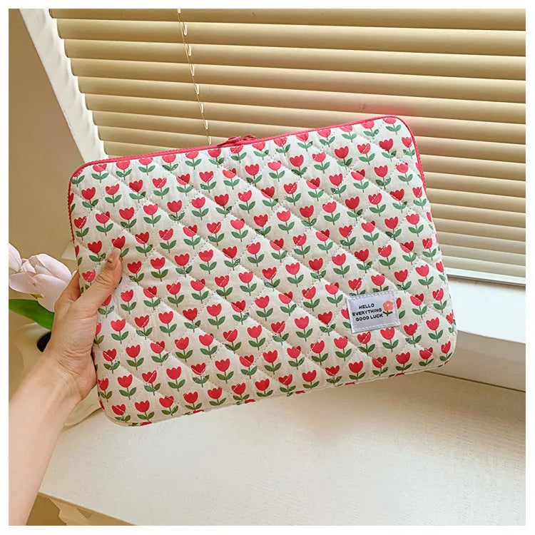 Floral print cloth laptop bag in green, pink or red with anti-seismic protection for 13-15.6 inch computers