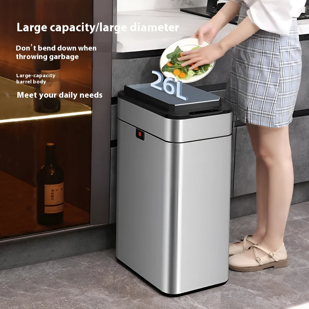 Stainless steel inductive smart trash can with automatic lid, square bucket design