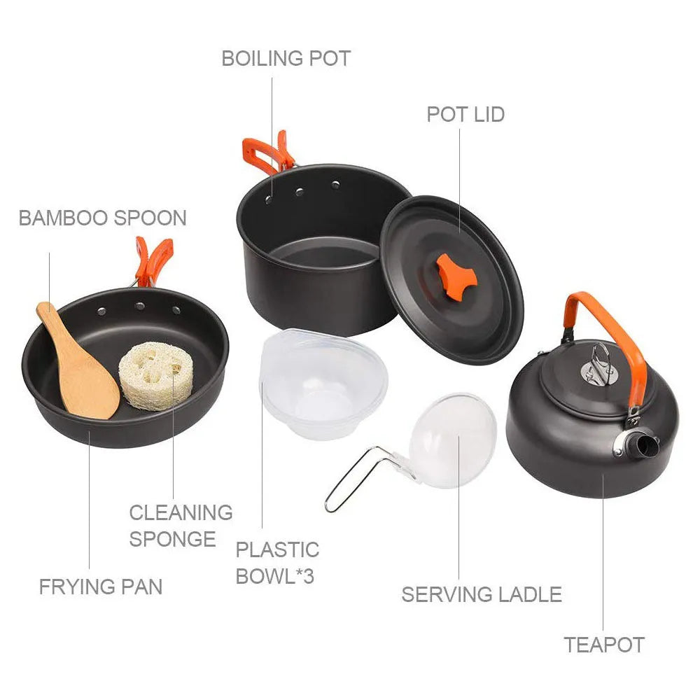 Orange travel picnic tableware folding camping cookware set with aluminium pots, pan, and utensils in mesh bag