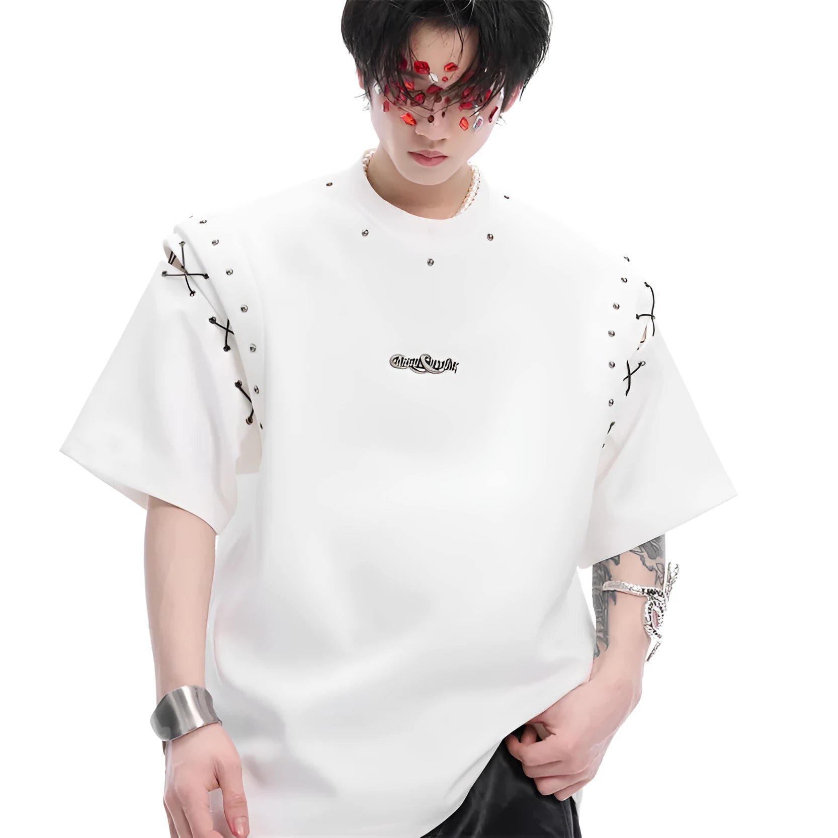 Short sleeve black t-shirt with lace-up cutout design on front