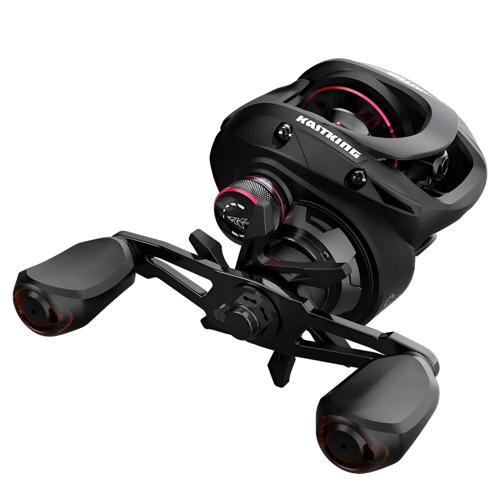 Drip wheel lure fishing reel with rocking wheel line system showing left and right hand wheel configurations