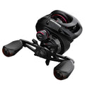 Drip wheel lure fishing reel with rocking wheel line system showing left and right hand wheel configurations