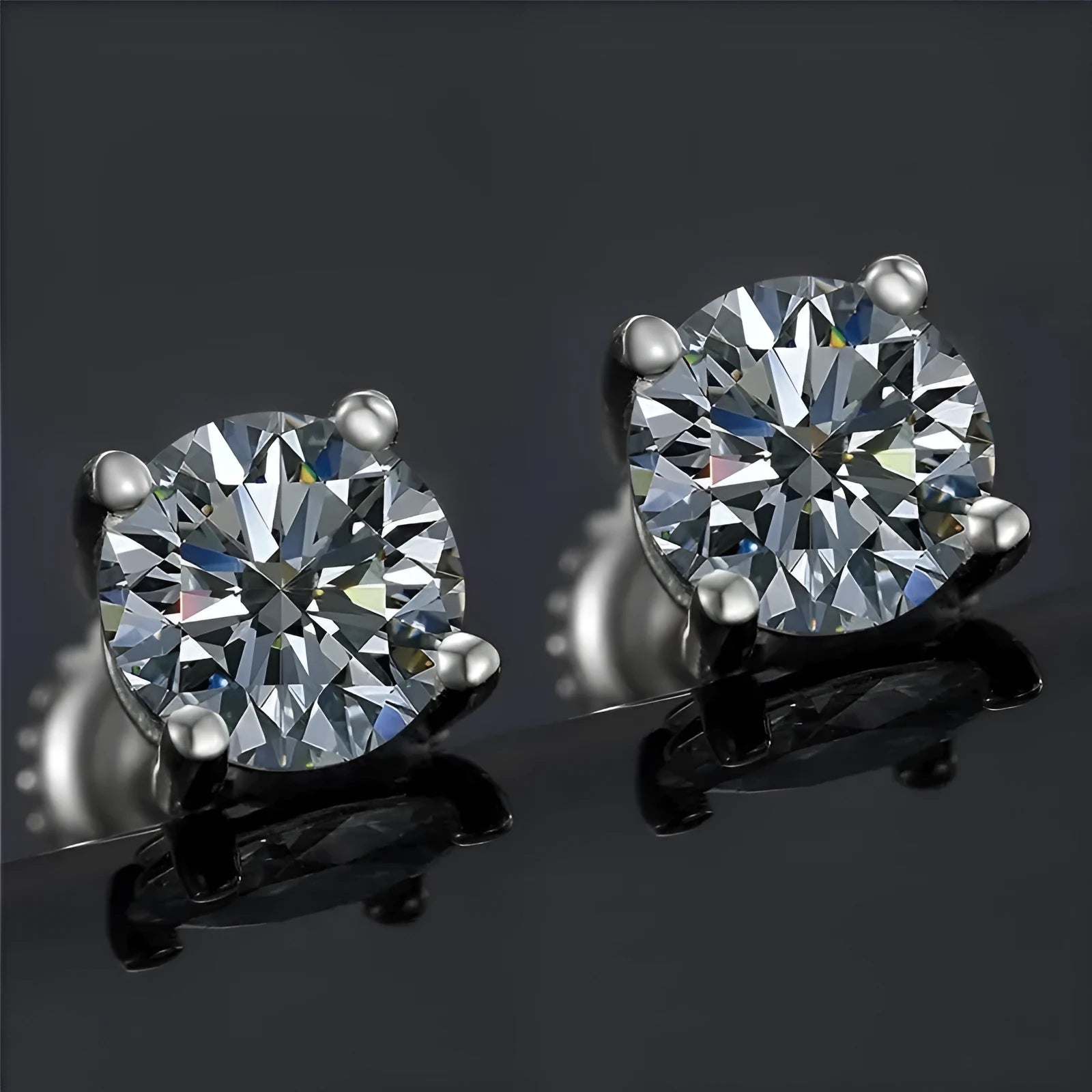 Women's geometric moissanite stud earrings with screw back fastening and four claw setting