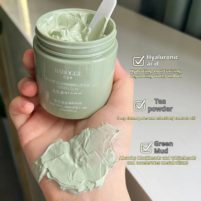 Tea mud cleansing clay mask in 120g container with dry daub applicator