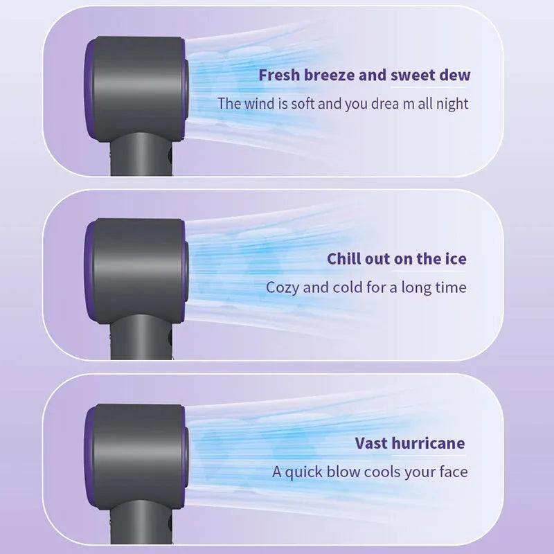 Portable handheld turbo fan with semiconductor cooling, 3000mAh battery, 58x60.5x170mm, in white