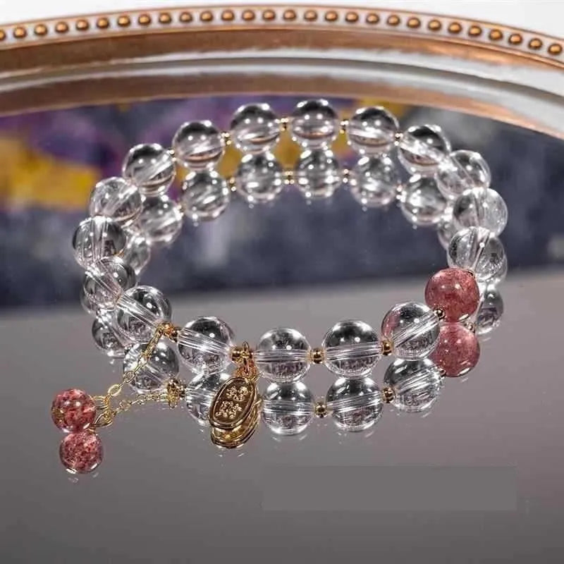 White crystal lucky fortune bracelet with 8mm beads in U-shaped design on matcha green gift box