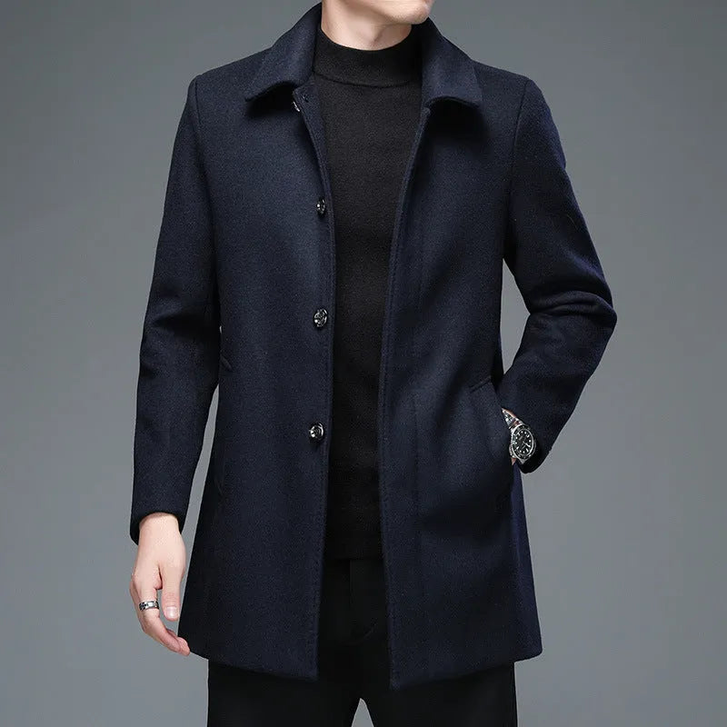 Mid-length wool blend trench coat with lapel collar in navy blue, Korean slim fit