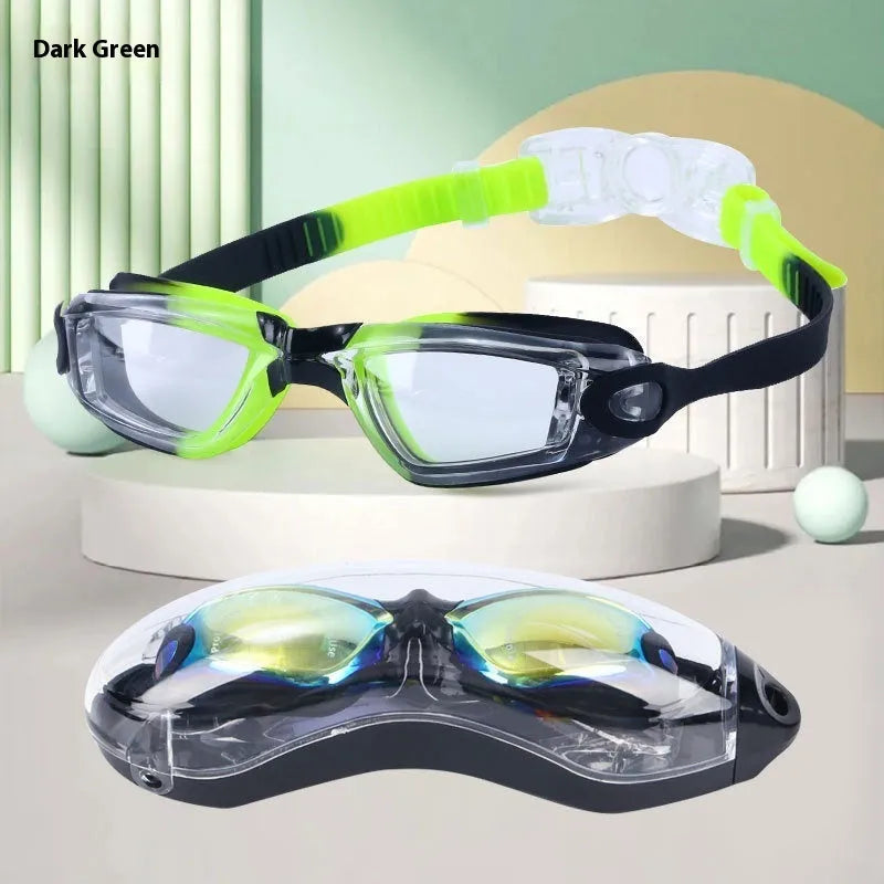 Children's large frame anti-fog swimming goggles in blue with silicone straps and glasses case