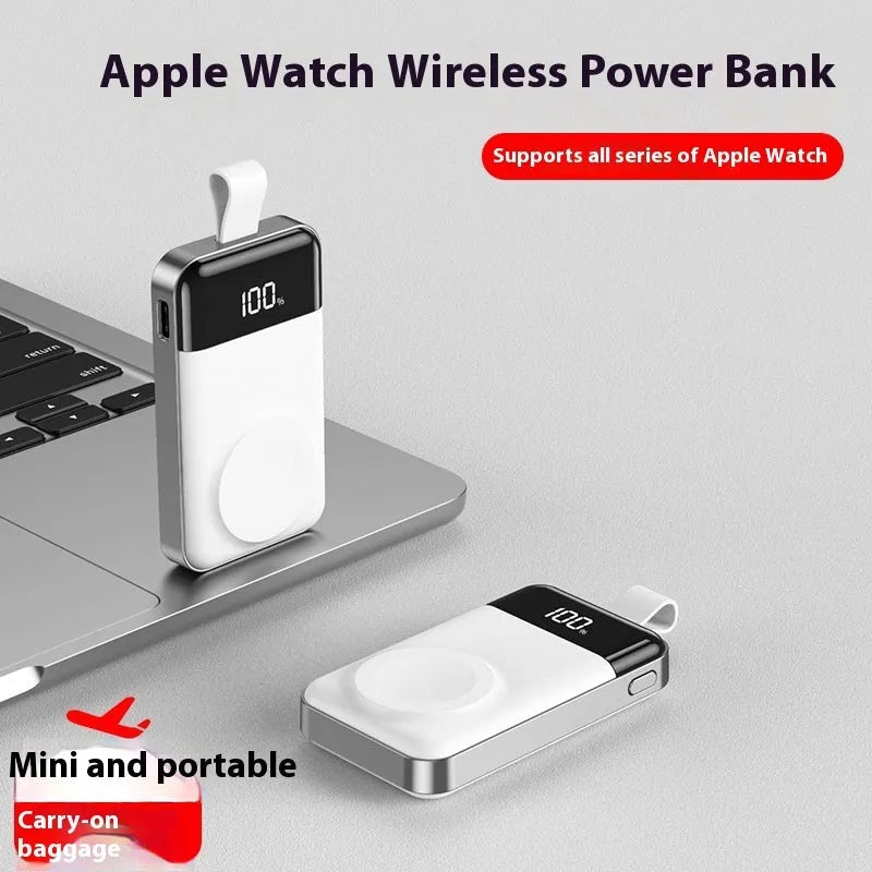 Silver mini portable wireless magnetic power bank with digital display and compact plastic shell, 75x43x16mm