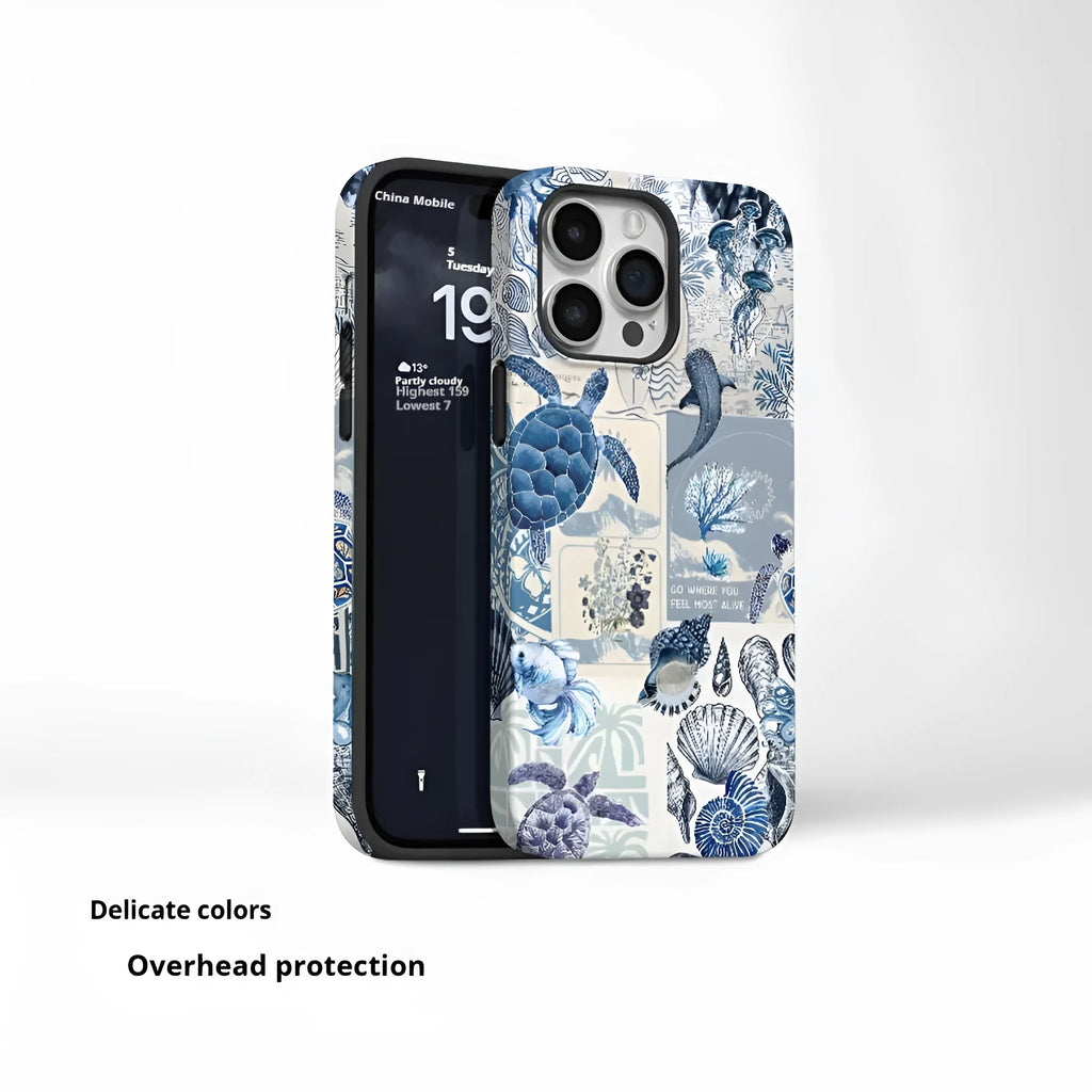 Creative minimalist marine bio printed phone case in white, double-layer feilin film shell for iPhone 11 to 16