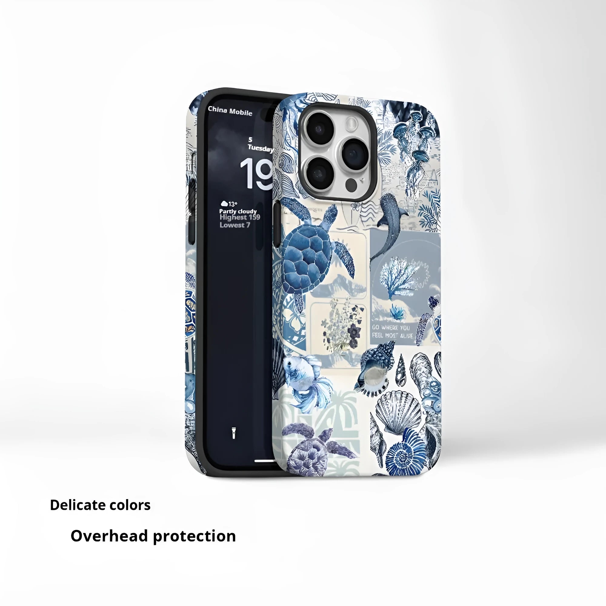 Creative minimalist marine bio printed phone case in white, double-layer feilin film shell for iPhone 11 to 16