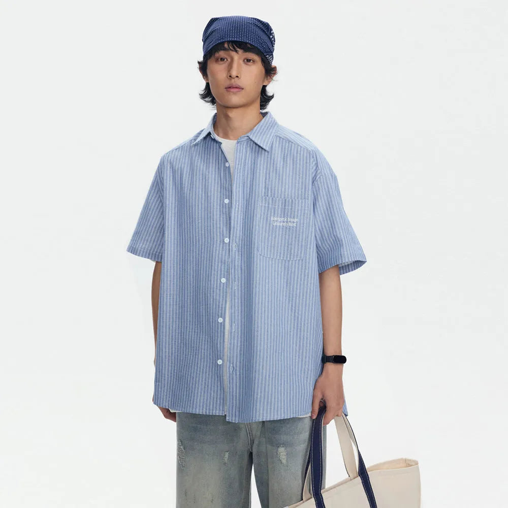 Blue striped short-sleeved overall shirt with loose fit cardigan style