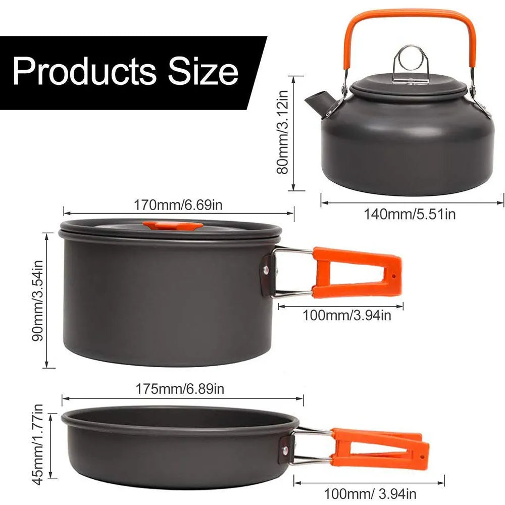 Orange travel picnic tableware folding camping cookware set with aluminium pots, pan, and utensils in mesh bag