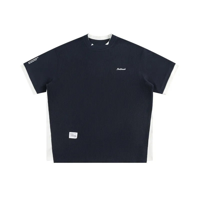 Men's loose fit waffle texture t-shirt with retro alphabet embroidery in navy blue colour