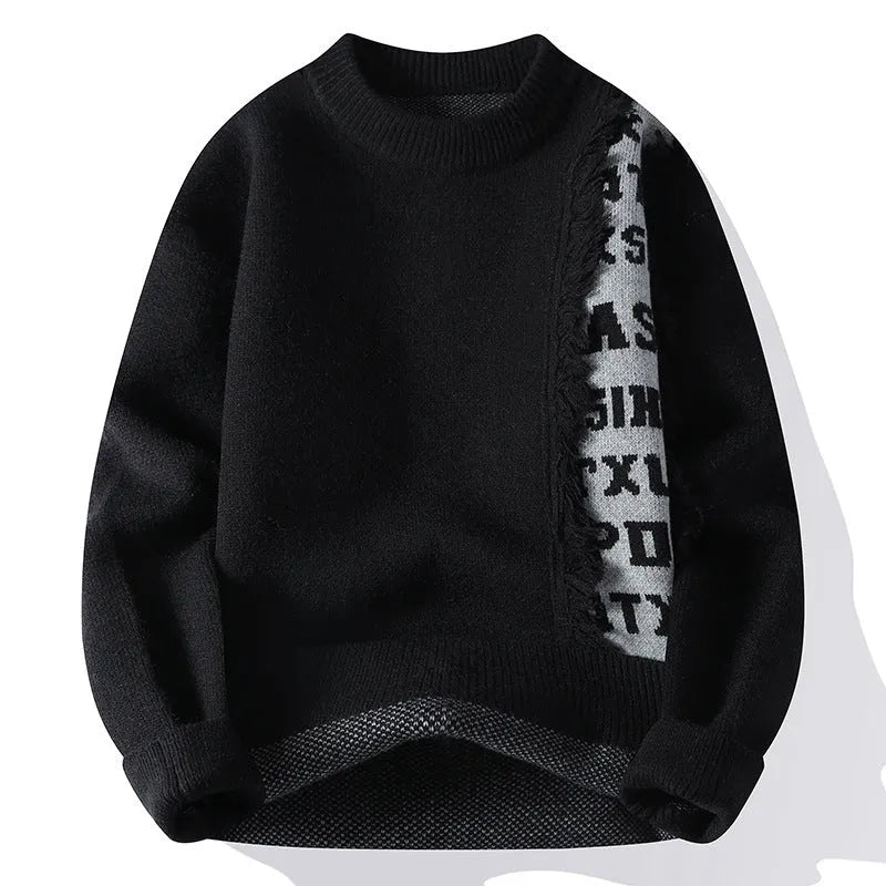 Men's loose fit grey knitted pullover with long sleeves and a ribbed hemline.